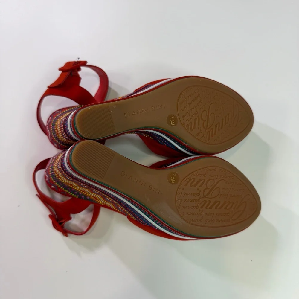 Gianni Bini Red Multicolor Embroidered Wedge Sandals